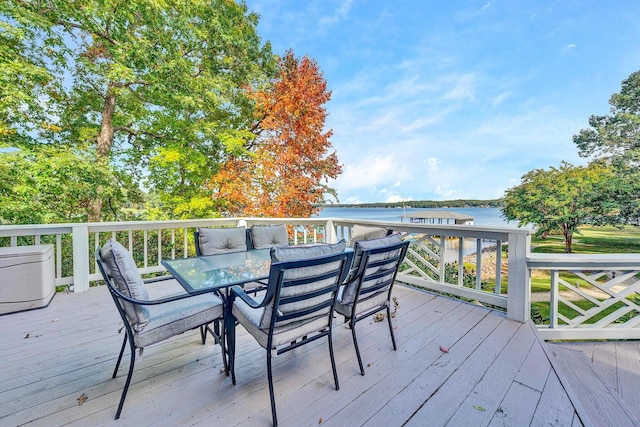 deck featuring a water view