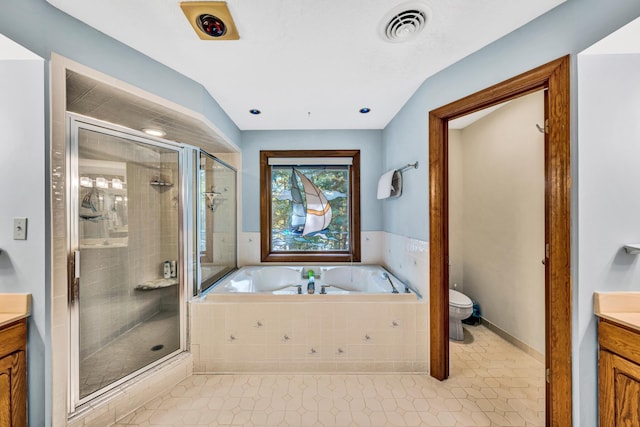 full bathroom with vanity, toilet, vaulted ceiling, and shower with separate bathtub