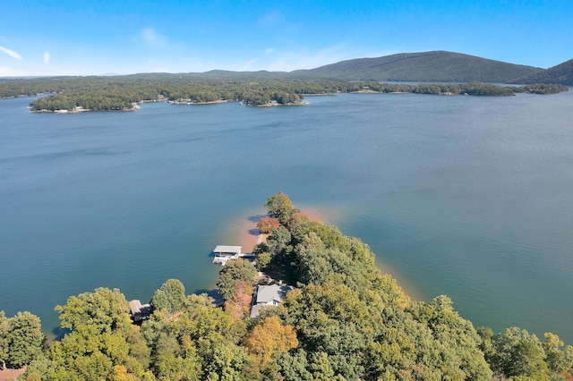 drone / aerial view with a water and mountain view