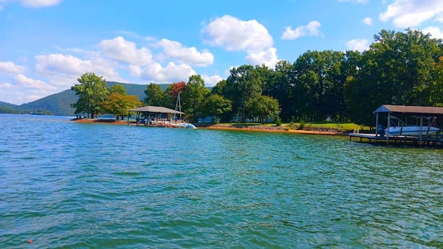 view of water feature with a mountain view and a boat dock