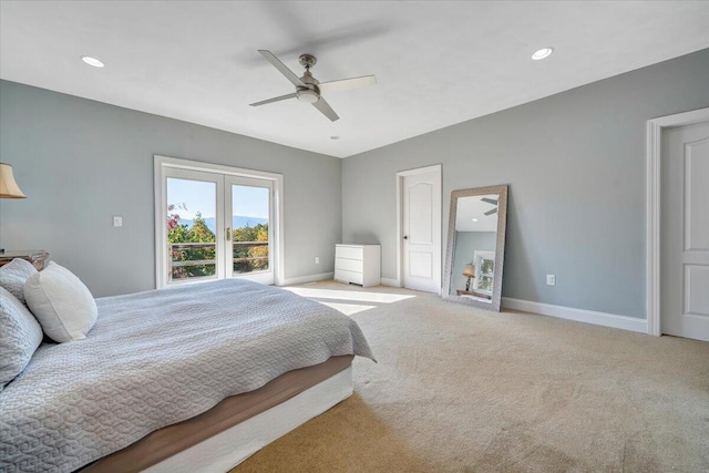 bedroom with light colored carpet and ceiling fan