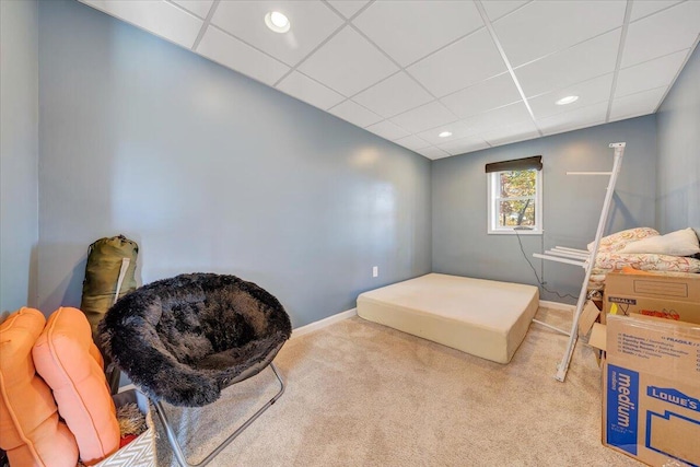 bedroom featuring light colored carpet and a drop ceiling