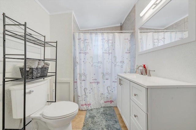 bathroom featuring lofted ceiling, walk in shower, toilet, vanity, and tile patterned floors