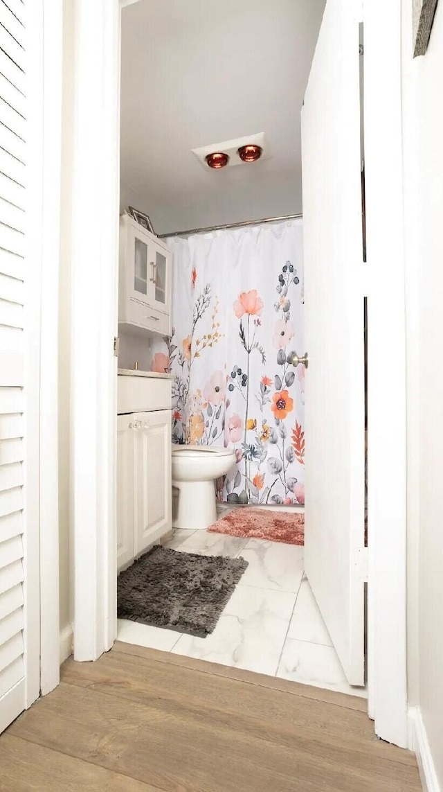 bathroom with toilet, hardwood / wood-style floors, vanity, and a shower with shower curtain