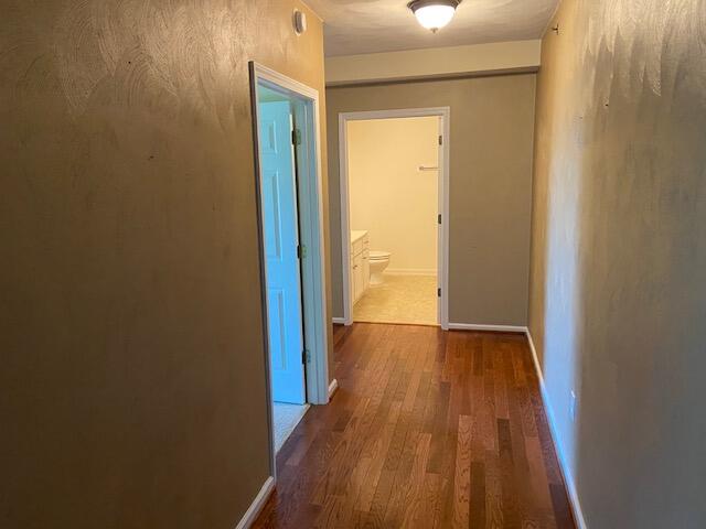 hallway with dark hardwood / wood-style flooring