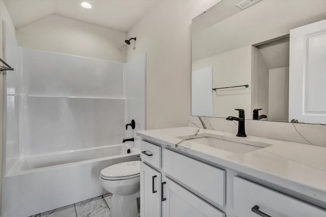 bathroom with bathing tub / shower combination, toilet, marble finish floor, vanity, and recessed lighting