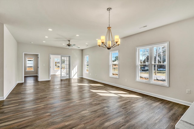 interior space featuring dark wood-style floors, baseboards, french doors, and recessed lighting