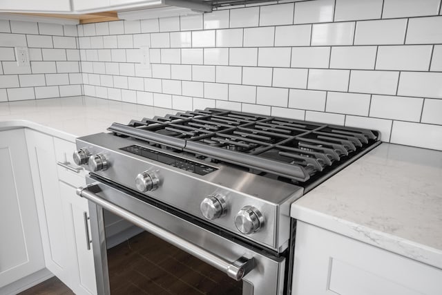 6913 Doral Dr, Radford, VA 24141 - details with high end stainless steel range, tasteful backsplash, and white cabinetry