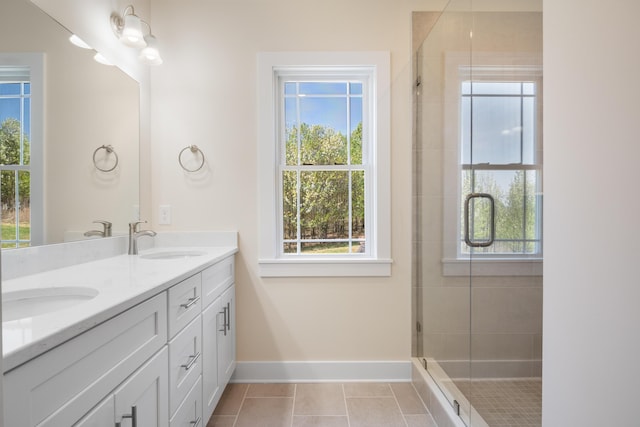 6913 Doral Dr, Radford, VA 24141 - full bathroom with double vanity, baseboards, a stall shower, and a sink
