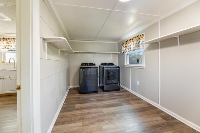 clothes washing area featuring independent washer and dryer, hardwood / wood-style flooring, sink, and crown molding