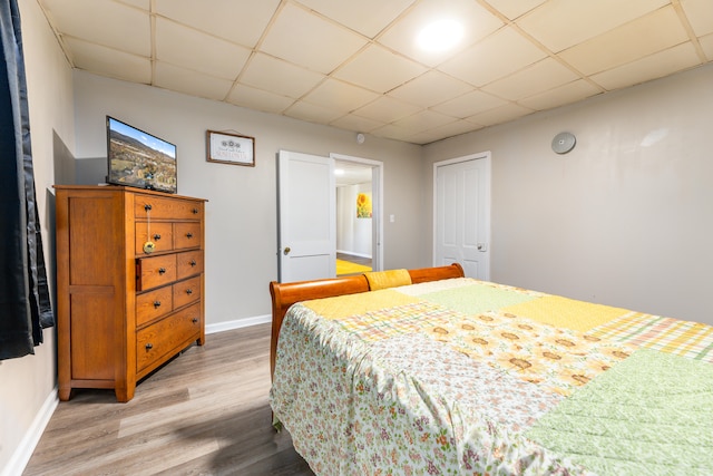 bedroom featuring hardwood / wood-style flooring, a closet, and a paneled ceiling