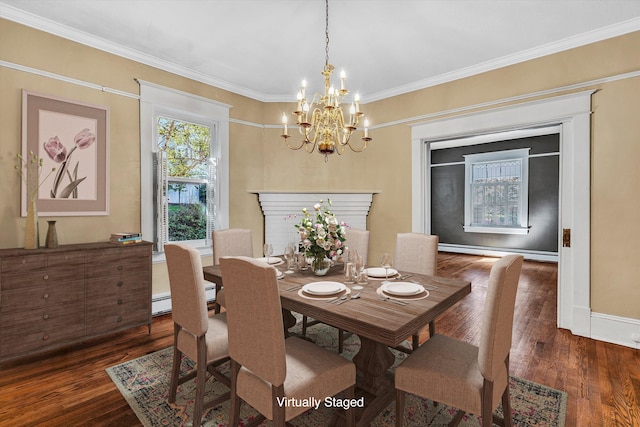 dining space featuring crown molding, dark hardwood / wood-style flooring, baseboard heating, and a chandelier