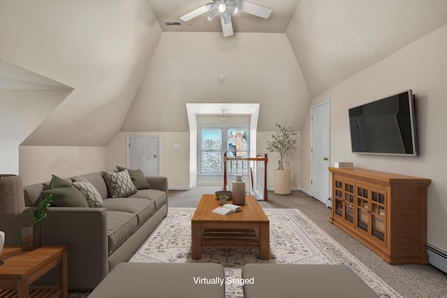 carpeted living room with lofted ceiling, a baseboard radiator, and ceiling fan