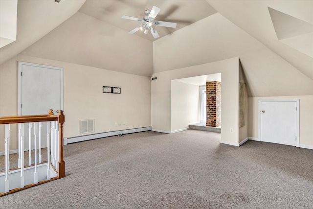 bonus room with baseboard heating, vaulted ceiling, carpet flooring, and ceiling fan