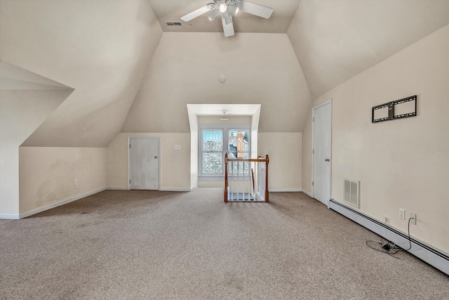 bonus room featuring lofted ceiling, baseboard heating, carpet flooring, and ceiling fan