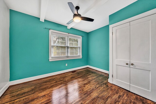 6869 Old Mill Rd, Roanoke, VA 24018 - unfurnished bedroom featuring a ceiling fan, beam ceiling, wood finished floors, baseboards, and a closet