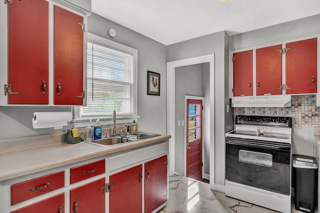 kitchen featuring decorative backsplash, sink, and white electric stove