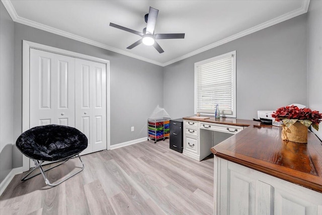 office featuring ceiling fan, ornamental molding, and light wood-type flooring