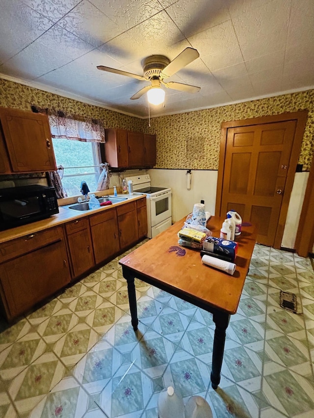 7820 Ogle Creek Rd, Covington, VA 24426 - kitchen featuring white range with electric cooktop, black microwave, wallpapered walls, light flooring, and ceiling fan