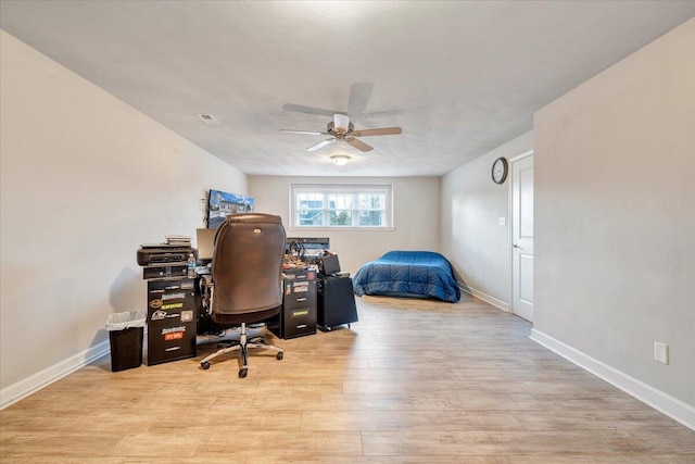 bedroom featuring ceiling fan and light hardwood / wood-style flooring