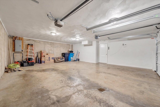 garage with electric panel and a garage door opener