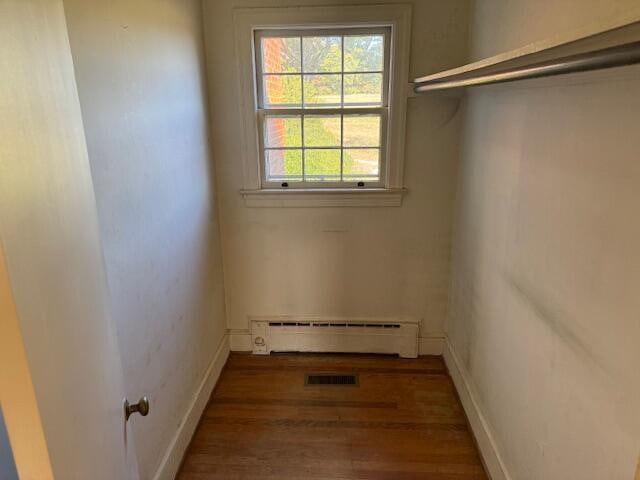 spacious closet with a baseboard radiator and dark hardwood / wood-style floors