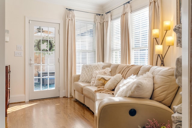 living room with crown molding, light hardwood / wood-style floors, and plenty of natural light