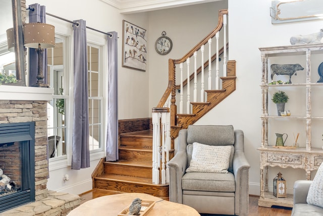 interior space featuring crown molding, wood-type flooring, and a fireplace