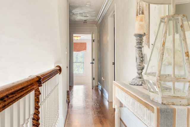 hall featuring hardwood / wood-style floors and crown molding