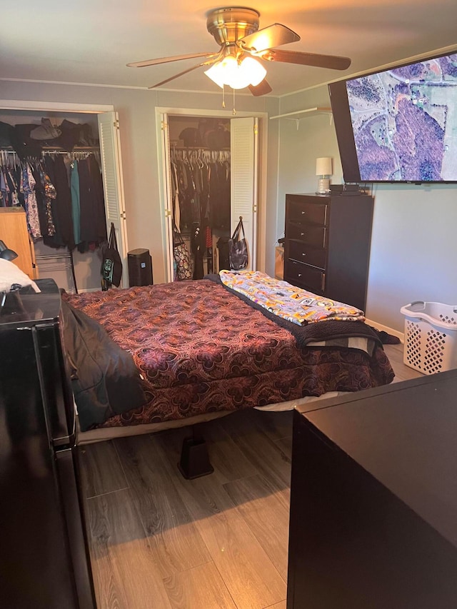 bedroom with a closet, ceiling fan, and light hardwood / wood-style flooring