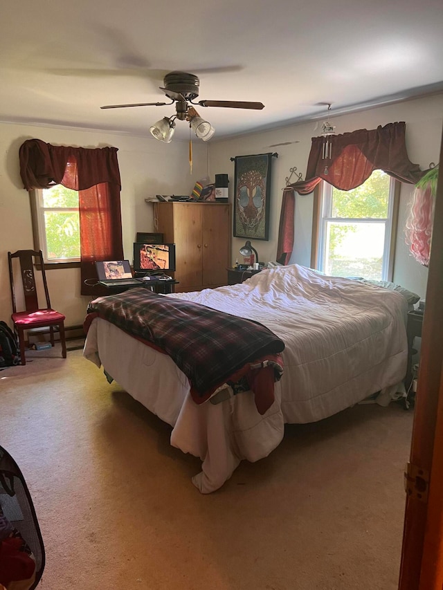 bedroom with ceiling fan, carpet, and multiple windows