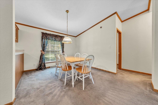 dining space with light carpet and crown molding