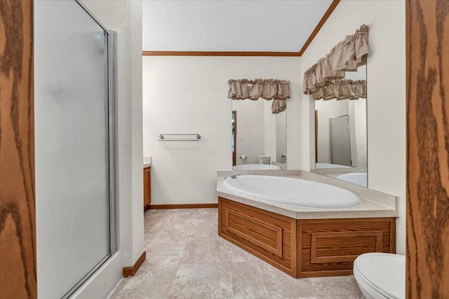 full bathroom with plus walk in shower, a textured ceiling, vanity, and toilet