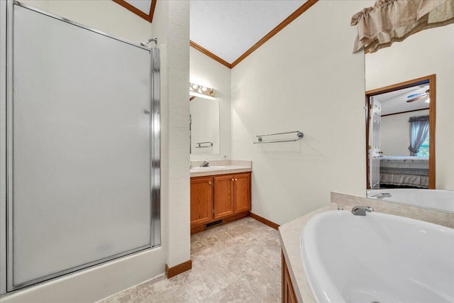 bathroom with vanity, a textured ceiling, crown molding, shower with separate bathtub, and lofted ceiling