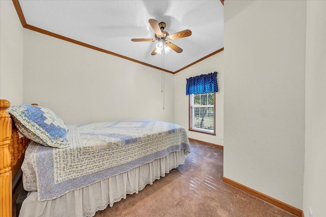 bedroom featuring ceiling fan, carpet floors, crown molding, and lofted ceiling