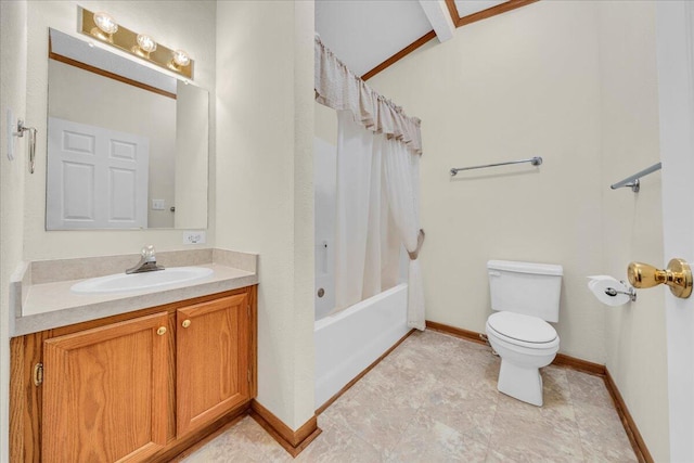 full bathroom featuring vanity, shower / bath combination with curtain, and toilet