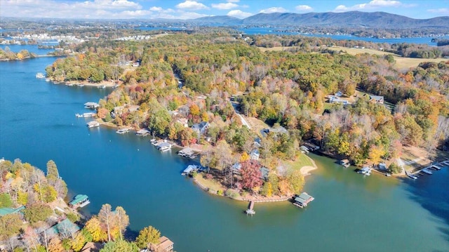 aerial view featuring a water and mountain view