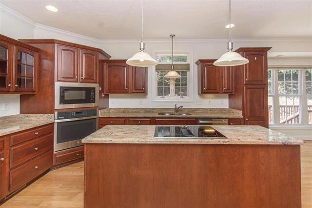 kitchen with appliances with stainless steel finishes, a center island, a healthy amount of sunlight, and decorative light fixtures