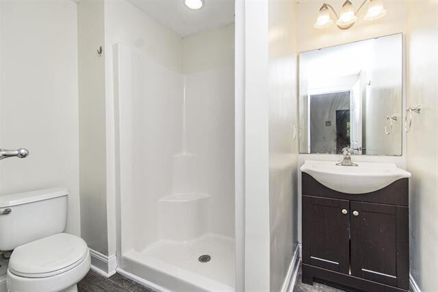 bathroom with vanity, a shower, and toilet