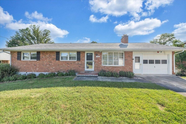 2422 Kingston Rd NW, Roanoke, VA 24017 - ranch-style house with brick siding, a garage, driveway, a front yard, and a chimney