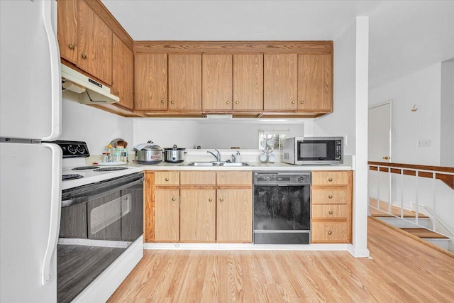 kitchen featuring light hardwood / wood-style floors, range with electric cooktop, black dishwasher, and white fridge