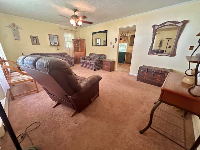 carpeted living room featuring ceiling fan and a textured ceiling