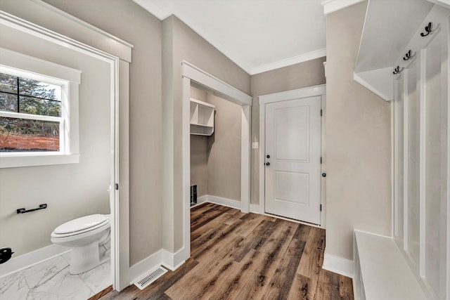 mudroom with ornamental molding and dark hardwood / wood-style floors