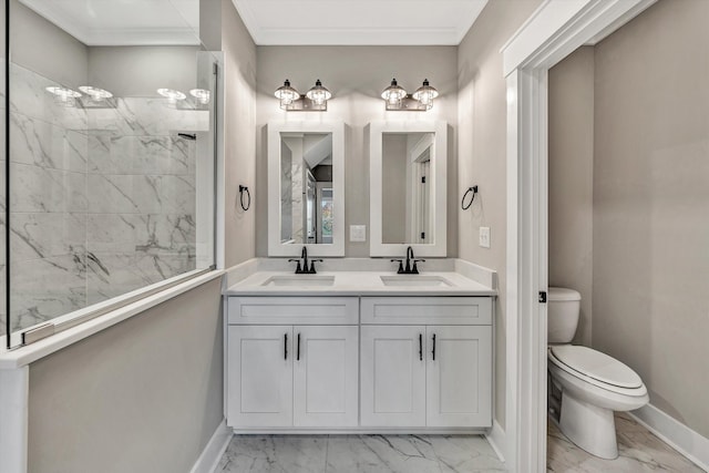 bathroom featuring vanity, toilet, tiled shower, and ornamental molding