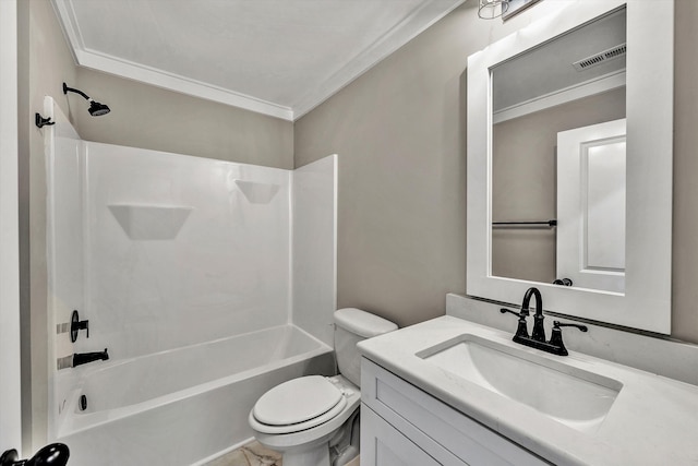 full bathroom featuring toilet, tub / shower combination, vanity, and crown molding