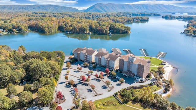 bird's eye view with a water and mountain view and a forest view