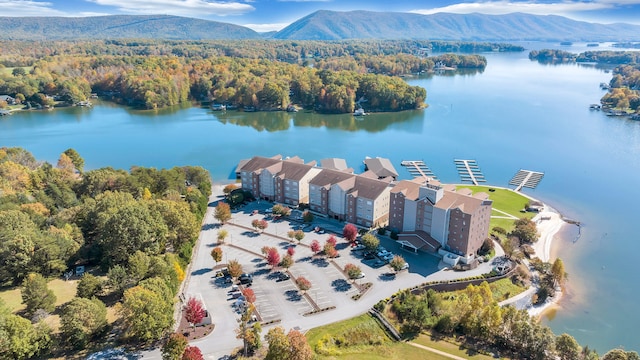 birds eye view of property with a water and mountain view