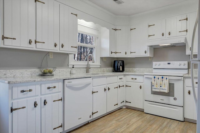 kitchen with white cabinetry, white appliances, and light wood-type flooring