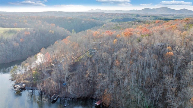 drone / aerial view with a water and mountain view