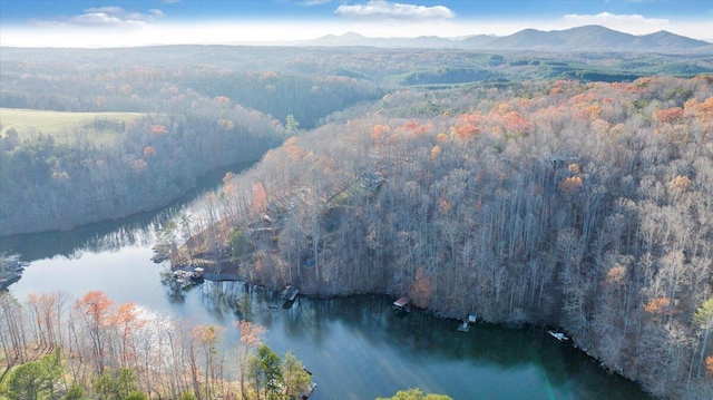 aerial view featuring a water and mountain view